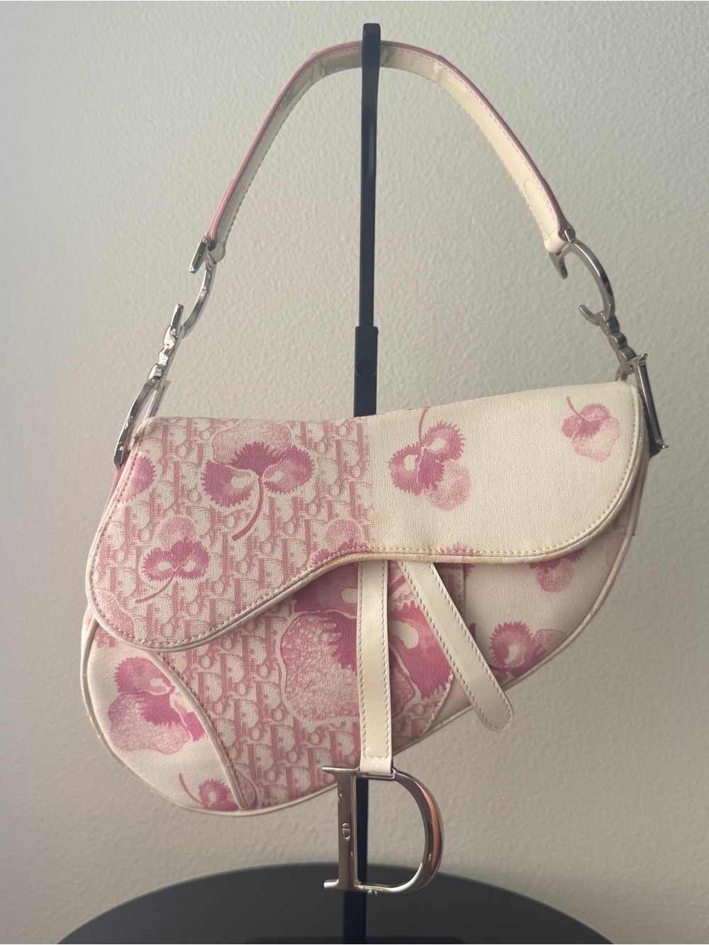 Dior Cream and Pink Floral Saddle Shoulder Bag